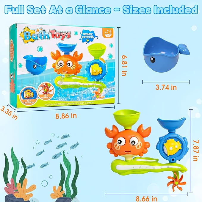 Bath Toys for Toddlers 1-3, Crab Water Wheel Bathtub Toys with 2 Suction Cups, Baby Shower Toys with Spinning Waterfall & Water Scoop, Bathroom Pool Toys for Kids Ages 1+ Year Old Boys Girls Gifts