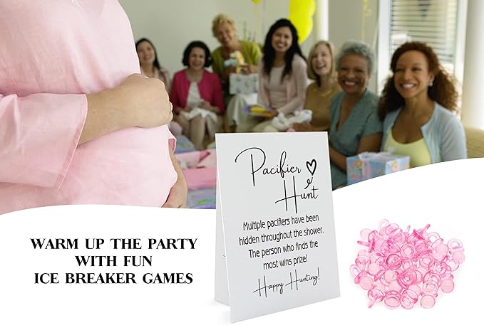 Baby Pacifier Hunt Baby Shower Games, Gender Reveal Game, 8×10 Sign and 50 Mini Acrylic Pacifier, Favorite Adults Kids Games for Baby Shower Activities, Gender Neutral Boy and Girl BPH02