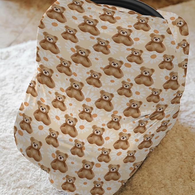 Vintage Bear Daisy Baby Car Seat Covers Retro Bears Boho Floral Stretchy 5-in-1 Cover Adjustable Car Canopy Breastfeeding Cover Spring Animals Breathable Nursing Cover-Up