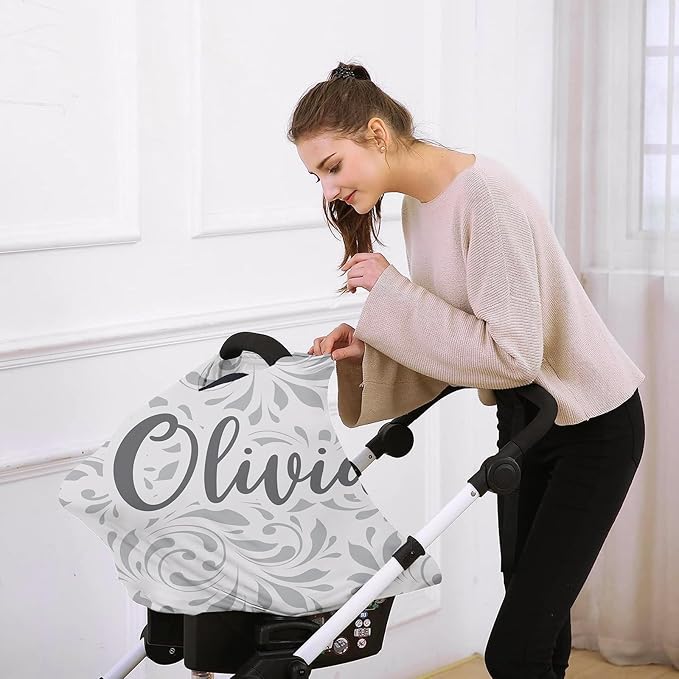Custom Name Car Seat Canopy - Baby Car Seat Covers, Infant Stroller Cover, Carseat Canopy Christmas Birthday Gifts for Girls and Boys White Leaf Pattern