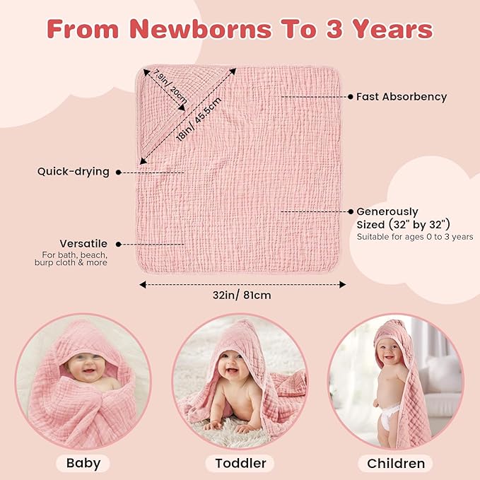 Hooded Baby Bath Towels for Newborn, 2 Pack - 6-Layer 100% Muslin Cotton, Soft Absorbent Baby Towels with Hood for Babies, Infants & Toddlers, Large 32x32 Inch Unisex Newborn Baby Bath Essentials