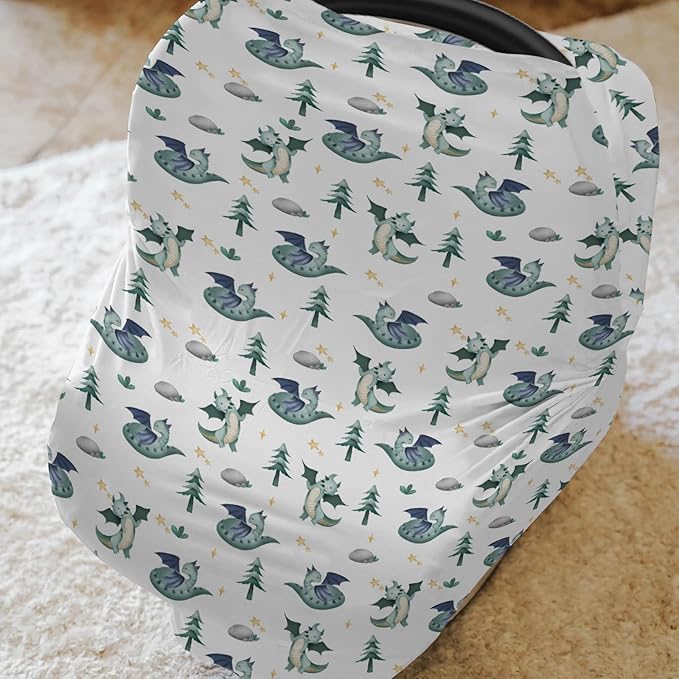 Fairytale Dragon Trees Stars Baby Car Seat Covers Cute Dragons Green Stretchy 5-in-1 Cover Adjustable Infant Carseat Canopy Cover Fantasy Animal Breathable Nursing Cover-Up
