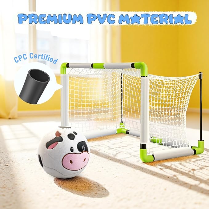 VangeBow Toddler Toy Soccer Goals for Backyard Indoor with Soft Plush Cow Ball, Mini Soccer Nets and Ball Set for Kids(Pump Include)