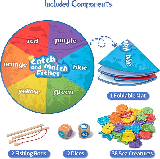 Montessori Toys for Toddlers 1-3,Wooden Magnetic Fishing Game Educational Shape & Color Sorting for Kid 3-5,Boy Girl Preschool Learning Motor Skill Matching Activity Toy for Age 2-4 (Foldable mat)