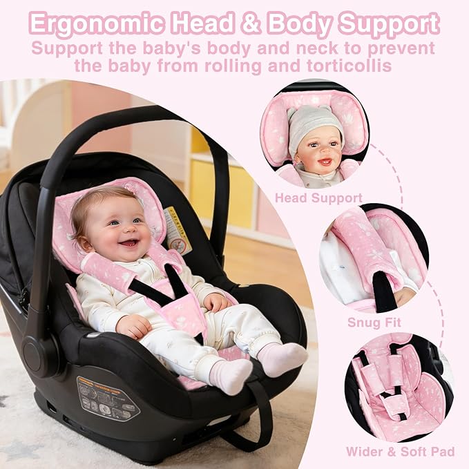 Infant Car Seat Insert, 3 in 1 Ultra-Thick Newborn Carseat Insert with Strap Covers for Girls, Man Fai Sky Universal Car Seat Head Support Baby for Carseat, Strollers, Swings, Bouncer (Pink)