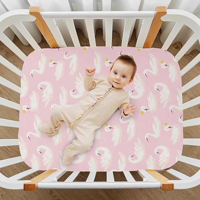 Fitted Crib Sheets Pink Cute Swan Animals Stretchy Portable Playard Sheets for Baby Toddler, Breathable Soft Mini Crib Mattress 52 x 28 in for Boys and Girls
