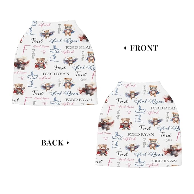 Personalized Baby Car Seat Covers for Babies, Custom Bear Nursing Breastfeeding Carseat Canopy with Name, Infant Stroller Covers for Newborn Girls Boys, Breathable Carseat Cover