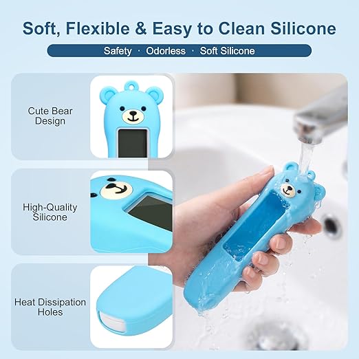 Bear Silicone Case Compatible with GoodBaby Thermometer for Adults and Kids, Cute Cartoon Thermometer Protective Case, Help Restless Baby Temperature, for Travel, Home and Outdoor (Blue)