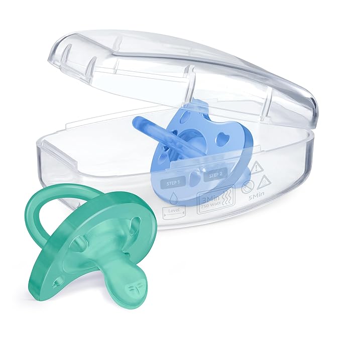 Chicco PhysioForma Orthodontic Pacifier for Babies 6-16 Months, 100% Soft Silicone, BPA Free & Breathing Support, 2-Pack with Sterilizing Case, Blue/Green