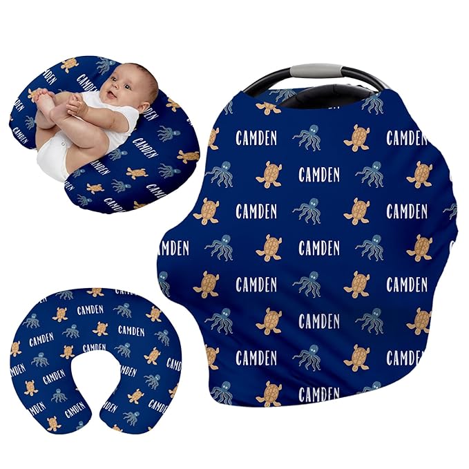 Personalised 7 in 1 Car Seat Cover for Girls and Boys - Multipurpose Breast Feeding Cover, Blue Turtle Print Nursing Cover, Grocery Cart Cover - Birthday Gift for Babies(27"x29")