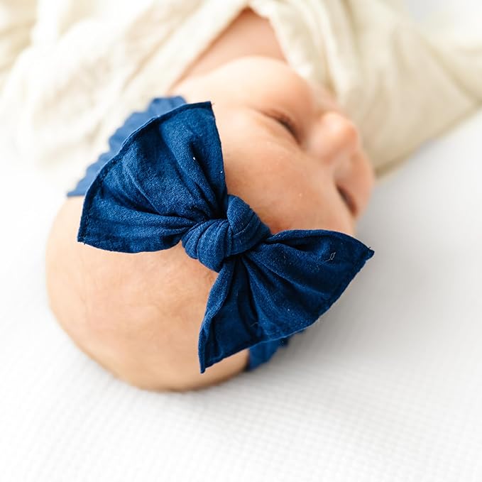 Baby Bling Bows - Newborn to Little Baby Girl Bows, 2PK PRINT SOLID KNOTS Nylon Super Soft Stretchy Toddler Headbands, Perfect Hair Accessories Head Bands for Infant Kids (Red Bandana & Navy)