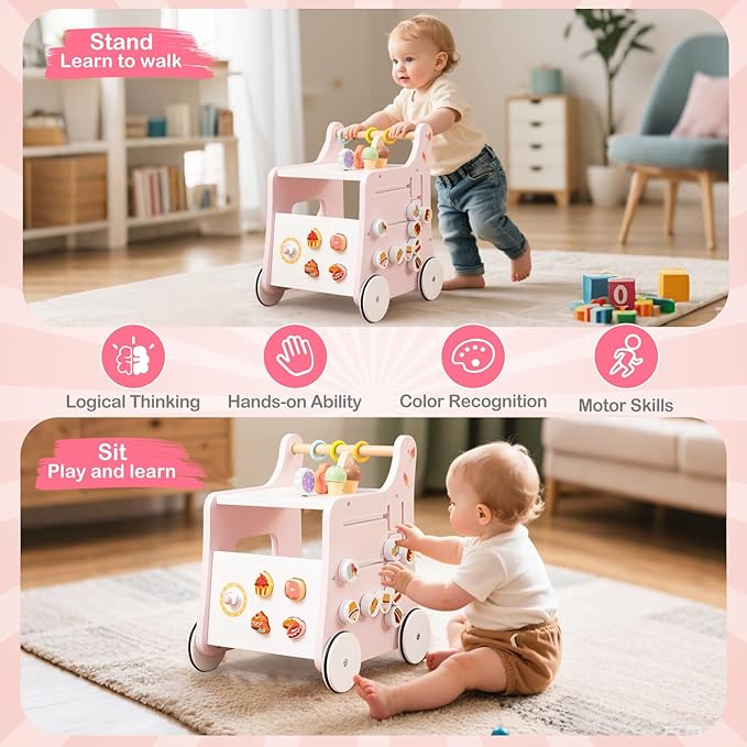 HONEY JOY Baby Push Walker, 8-in-1 Wooden Kids Ice Cream Cart & Activity Walker, Develop Motor Skills & Creativity, Dessert Shop Push Toys for Babies Learning to Walk, Gift for Boys and Girls (Pink)