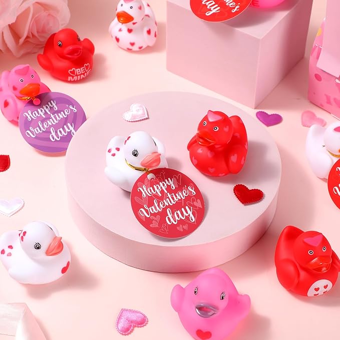 MiniInflat 48 Set Valentine's Day Rubber Duckies with Gift Cards Valentines Mini Rubber Duck Bath Gift for Girl Boy Heart Duck Bathtub Pool Gift Classroom Exchange Prize Gift Valentines Party Favor