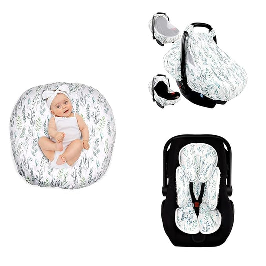 Newborn Lounger Cover, Baby Car Seat Cover, Baby Car Seat Head and Body Support, Green Leaf