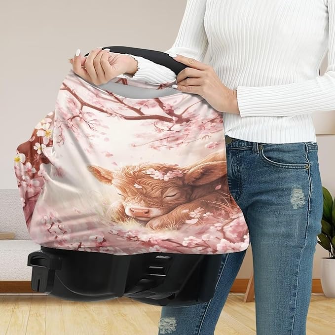 Wanyint Highland Cow Flower Pink Infant Car Seat Cover Cute Car Seat Cover for Babies, Carseat Canopy Baby Breastfeeding Stroller High Chair Shopping Cart Cover