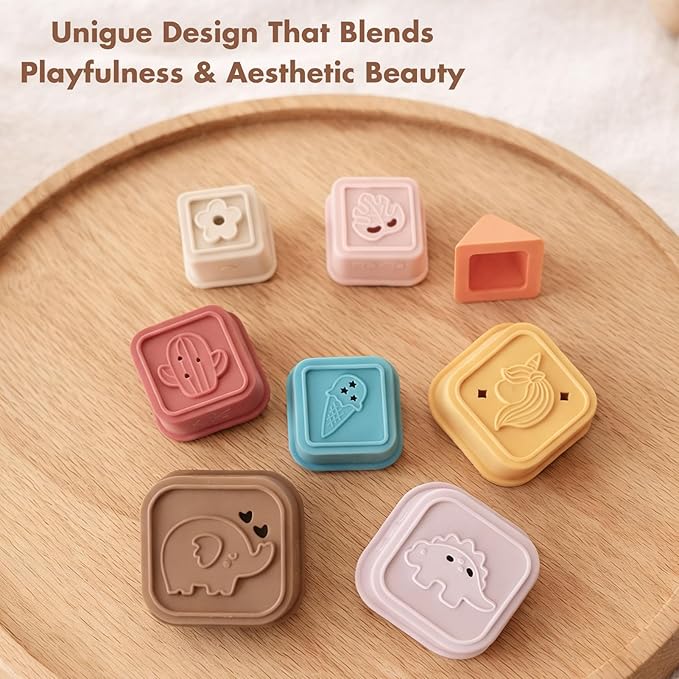 Baby Stacking Cups Toy, Silicone Stacking Tower Educational Baby Toys 6M+, Soft Teething Building Blocks 8 Pcs, BPA Free Sensory Infant Toy, Bath & Beach Toys, Vintage Neutral Colors-Vintage