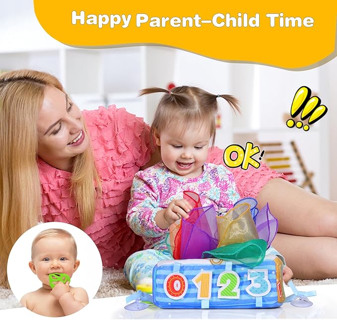 Baby Tissue Box Toy, Soft Montessori Tissue Box Baby Toys 6 to 12 Months, High Contrast Crinkle Paper Sensory Silk Scarves Toys for 1 Year Old Boys Girls Kids Early Learning Gifts