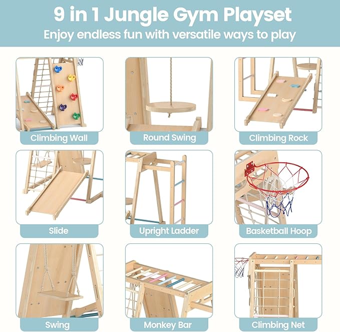 OLAKIDS Indoor Jungle Gym, 9 in 1 Wooden Montessori Baby Climbing Toys with Adjustable 2 Swings Ramp, Monkey Bar Basketball Hoop Ladder Climb Net (Natural)