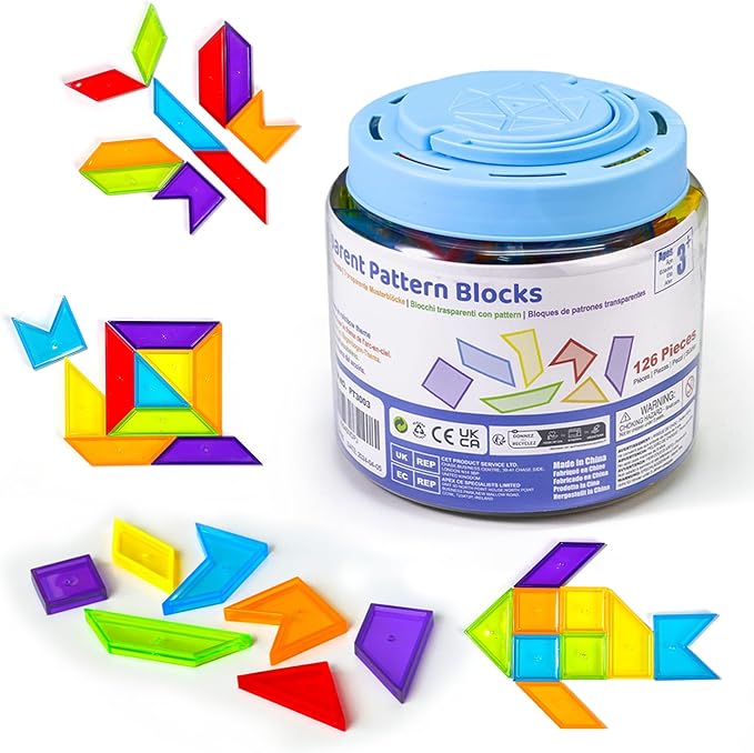 Pairez Toys Transparent Pattern Blocks, 126 Pcs Geometric Shapes Blocks, Tangram Puzzles, Practice Sorting Counting Patterning, Math Manipulatives for Kids, Back to School Supplies, Teacher Supplies
