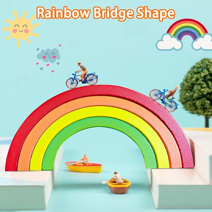 TUOWITA Wooden Rainbow Stacking Toy, Wood Stacker Arch Game, Montessori Arch Bridge Rainbow Building Blocks, Colorful Stacking Blocks Puzzles for Kids 2 3 4 5 Years Old, Rainbow Decor Toys