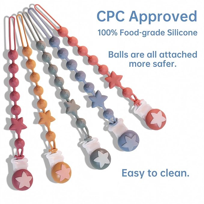Silicone Baby Pacifier Clips for Boys and Girls, Pack of 2 Flexible Rust-Free Pacifier Holder Clip with One-Piece Design, Paci Binky Clips (Terracotta+Azure)