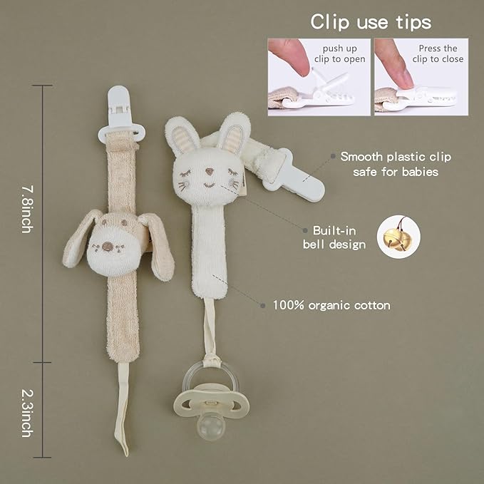Pacifier Clip, 2 Pack Baby Pacifier Holder for Boys and Girls Fits Many Pacifiers & Baby Teething Toys, Ideal Baby Gift (Puppy & Bunny)