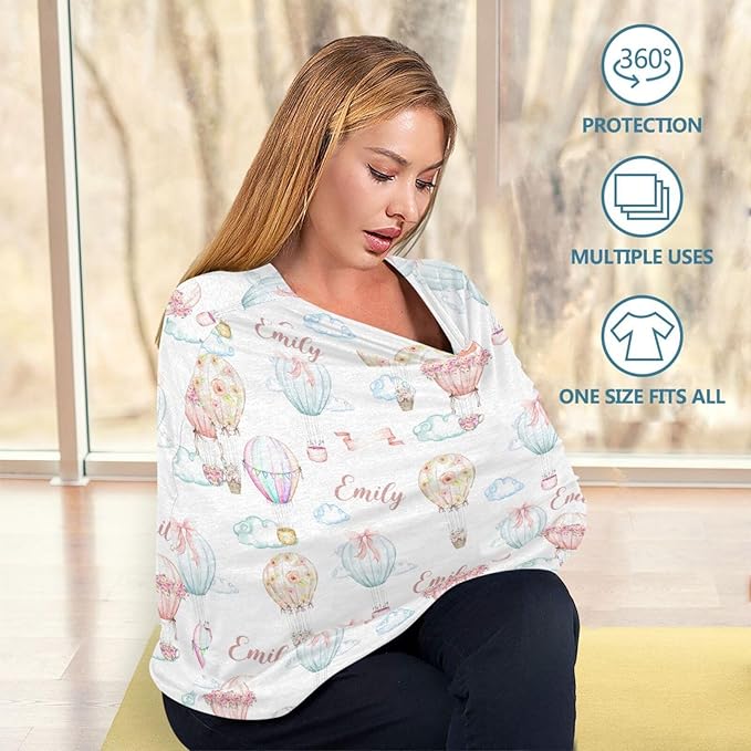Personalized Baby Car Seat Cover for Girls, Custom Nursing Covers with Name, Hot Air Balloons Pattern, Universal Fit, Water Resistant, Linen, Cotton