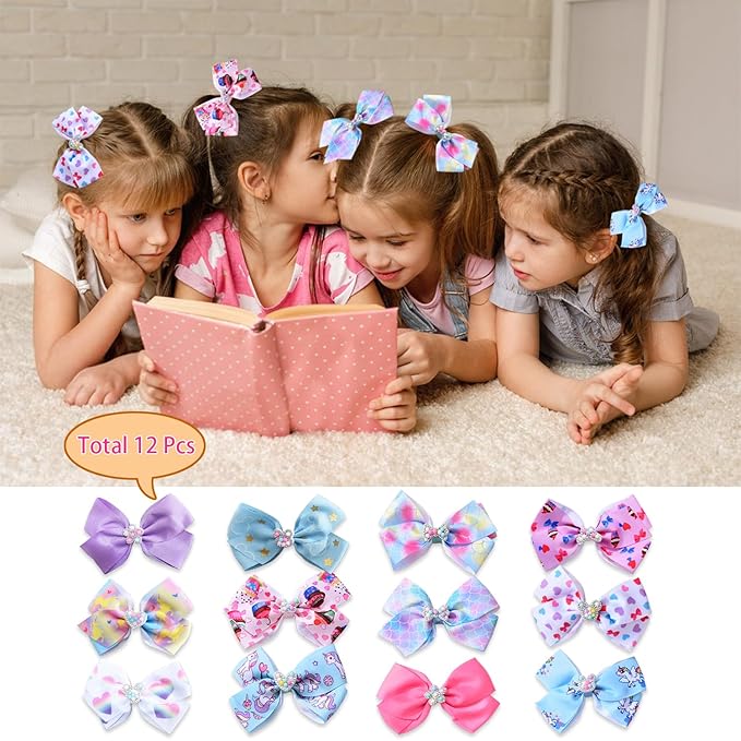 5 Inch Hair Bows for Girls Colorful Rainbow Little Girls Hair Bow With Alligator Clips for Toddlers Children Kids 12 Pcs