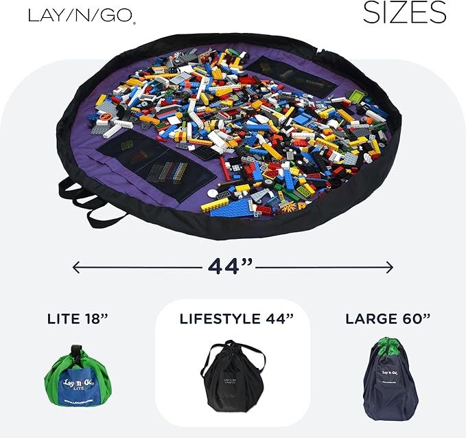 Lay-n-Go Layflat Portable Drawstring Cinch Storage Toy & Mini Figures Organizer & Play Mat, Mesh Pockets, Home & Travel, Kids & Toddlers Playdates, 2 Straps for Backpack, Durable, Machine Washable