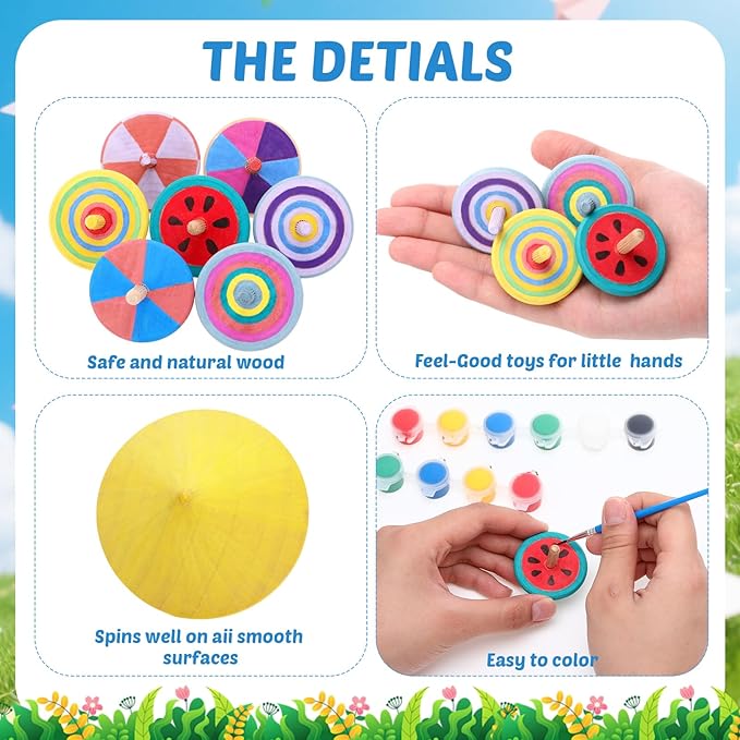 DoubleFill 72pcs DIY Wooden Spinning Tops Craft Kit Watercolor Paints Unfinished Wood Gyroscopes for Kids Educational Kindergarten Toys Spin Tops for Birthday Gifts, Family Games Party Favors