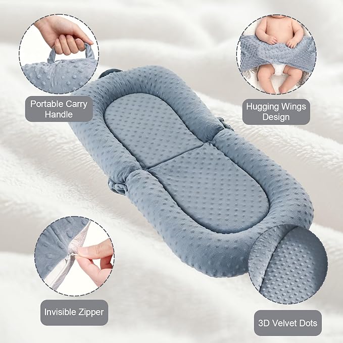 Baby Lounger, 3-in-1 Portable Infant Lounger for Newborns 0-24 Months, Foldable Tummy Time Pillow and Sitting Seat with Removable Cover, Dual-Sided 100% Cotton and Velvet, Ideal Baby Shower Gift