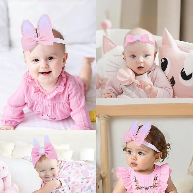 Easter Bows for Baby Girls, 3pcs Rabbit Ears Baby Headbands Pink Elastic Newborn Infant Bow Toddler Headband for Girls Hair Accessories Pink Bunny