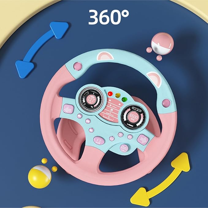 Simulated Driving Controller Portable Simulated Steering Wheel Copilot Toy Children's Small Steering Toy Gift Funny Interactive Driving Wheel with Music. (Pink)