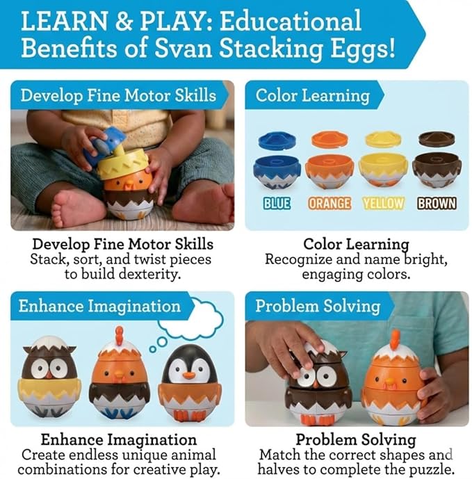 Egg Stacking & Sorting Animal Toys, Mix & Match Hatching Nesting Dolls (4 Farm Friends)- Fine Motor Skill Shape Sorters, Preschool Color Building Game Puzzle- Baby, Toddlers or Kids Montessori Gift