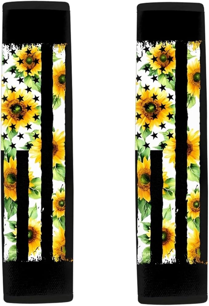 AFPANQZ 2 Pack American Flag Sunflowers Car Seat Belt Covers for Adults Safety Seatbelt Pad Cushion Adjustable Universal for Most Car Laptop Backpack Luggage Bag Straps Pads Patriotic Yellow