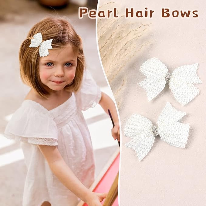 4Pcs Pearl Hair Bows for Girls, White Butterfly Flower Hair Bow Clip Wedding Hair Accessories for Baby Infants Toddlers Kids (Small size)