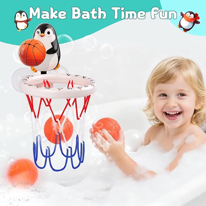 Bath Toys, Bathtub Basketball Hoop for Toddler Kids, 3 Soft No Hole Balls & Bath Basketball Hoop with Strong Suction Cup, Black & White Penguin Baby Shower Bath Toys Set for Boys and Girls