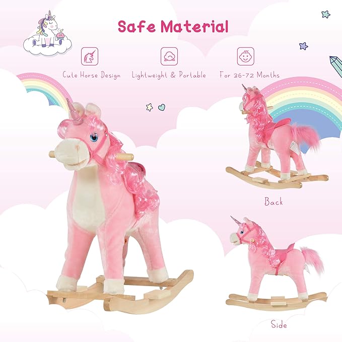 Qaba Rocking Horse, Kids Ride on Horse Unicorn Design with Wooden Base, Tail Wag & Sounds for Toddlers 3-6 Years Old, Pink