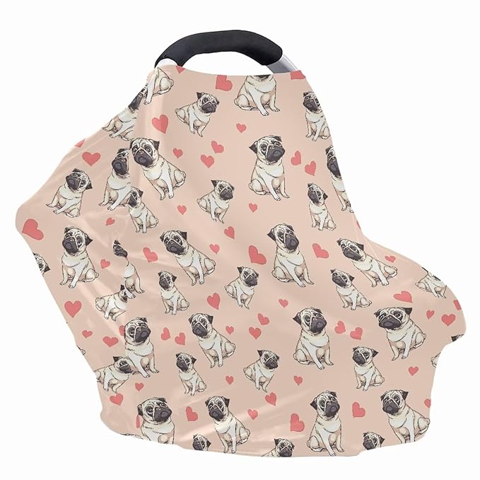 Biyejit Pug Dog Hearts Baby Car Seat Covers Canopy Cover, Stretchy Car Seat Covers for Babies, Soft Jersey Nursing Breastfeeding Cover, Multi-use Cover Infant Carseat Canopy