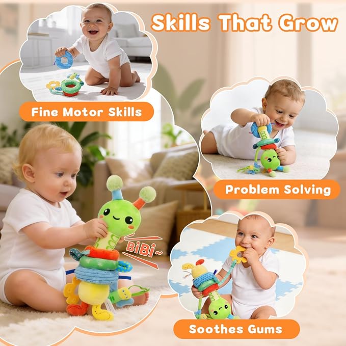 Baby Toy 0-12 Months - BPA-Free Soft Plush Sensory Toy with Gentle Squeaker, Safe Hand Grip & Teething Relief, Portable Newborn Toy for Diaper Bag, Baby Shower Gift (Green Caterpillar)