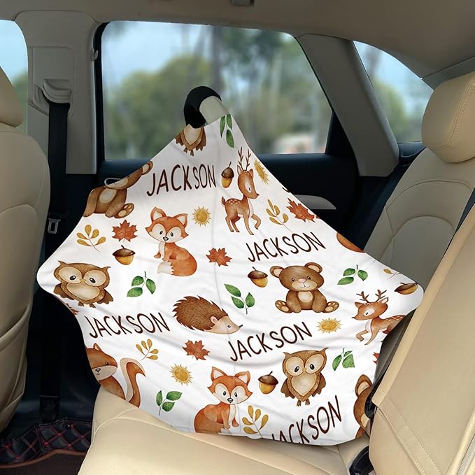 Personalized Baby Car Seat Cover Stroller Canopy: Custom Name Newborn Baby Boy Girl Elastic Animals Nursing Cover for Moms First Birthday Gift Fox Hedgehog(one Size)
