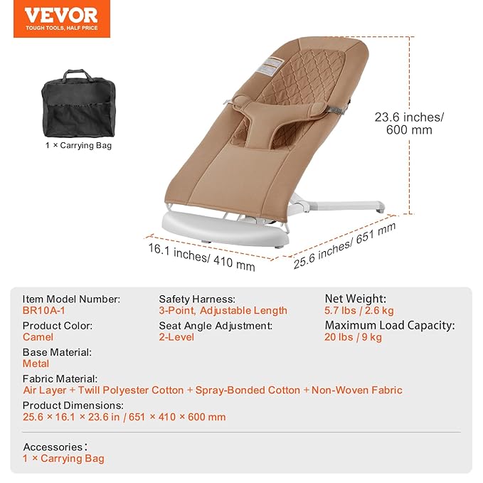 VEVOR Baby Bouncer, Folding Bouncer Seat for Babies 0-9 Months, Newborn Bouncer Chair with 2 Reclining Angles & 3-Point Harness, Portable Infant Rocker with Carrying Bag for Indoors Outdoors, Camel