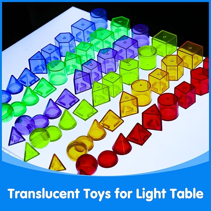 60 Pieces 3D Shapes for Teaching - Geometric Solids for Kids, Light Table Manipulatives, Translucent Toys