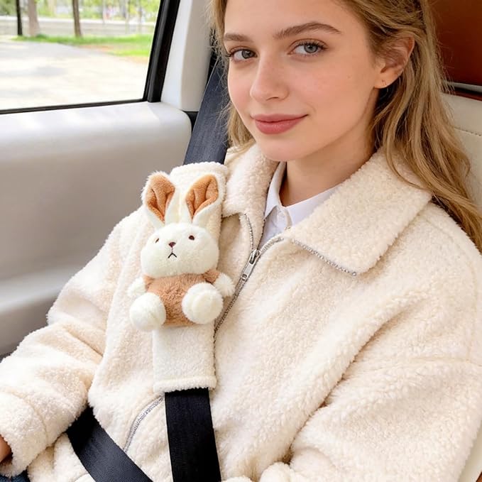 2 PCS Seat Belt Cover Pad, Cute Kawaii Animal Bunny Seatbelt Covers for Kids and Adults, Winter Plush Fluffy Soft Seat Belt Cover, Cartoon Seatbelt Cushion,Car Seat Strap Pads (D-Bunny)