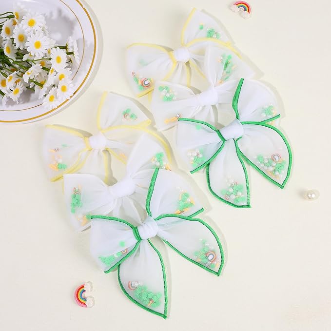 CN 6 PCS St.Patrick day Tulle Hair Bows for Girls, Toddler Bows with Glitter Star Alligator