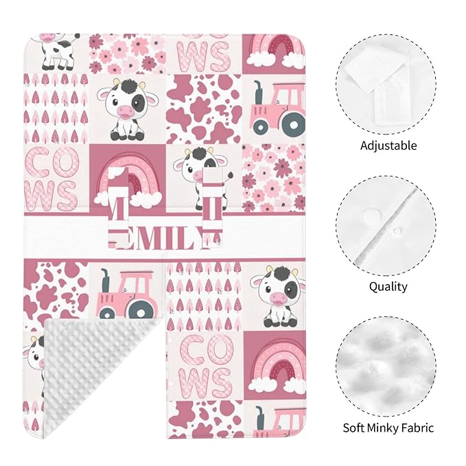 Personalized Baby Car Seat Canopy for Girls, Custom Name Baby Car Seats Covers for Babies, Opening Minky Nursing Breastfeeding Stroller Cover Infant Carseat Canopies for Newborn (Cute Cow Pink)