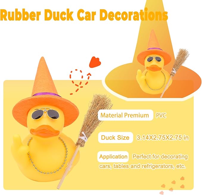 Halloween 3.15" Fun Rubber Duck Witch Duck Car Dashboard Decorations Halloween Witch Hat Broom Sunglasses Necklace for Car Home for Office Accessories