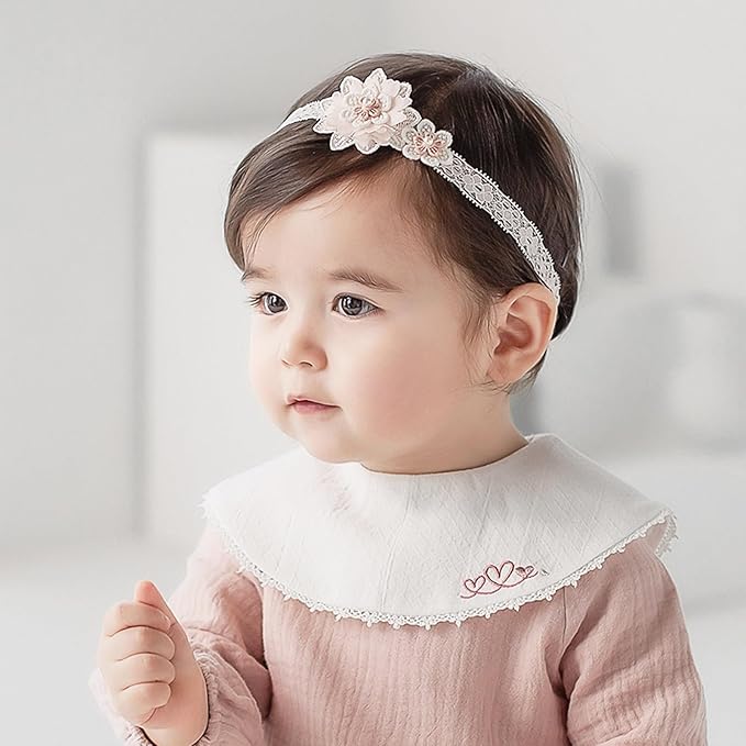 Baby Girls Hairbands Lace Flowers Headband Handmade Soft Stretchy Colorful Flower Hairband Newborn Headbands with Pearls Elastic Hairbands for Infant Head Band (Two Pink Flowers)