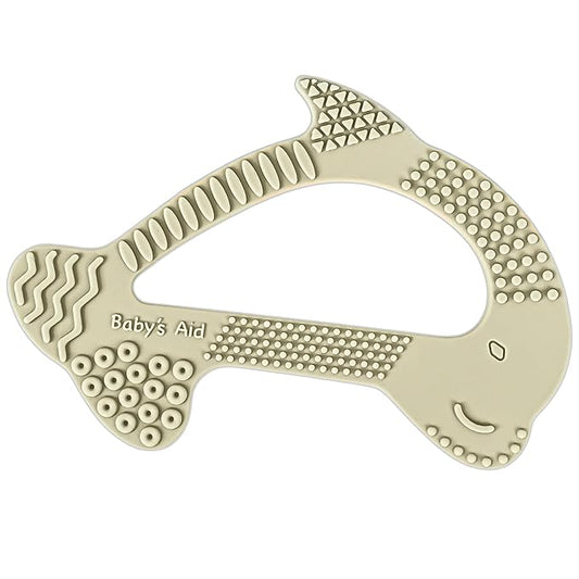 Dolphin Silicone Teether Toy with 8 Texture Zones, Easy Grip for Little Hands, Ages 3M+, Baby’s Aid (Olive)