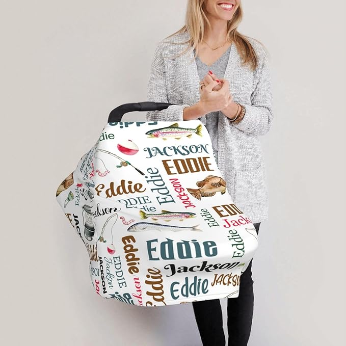 Personalized Baby Car Seat Cover for Boys Girls, Custom Fishing Nursing Covers for Breastfeeding with Name, Infant Stroller Cover, Baby Carseat Canopy for Newborn, Multiuse Car Seat Canopies